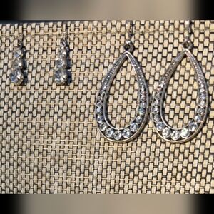 2 Pair of  Elegant Rhinestone Silver Teardrop Earrings & 3 Stone Earrings